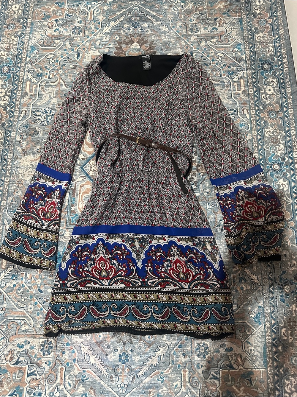 Rue21 Mixed Print Bell-Sleeve Mini Dress in Blue and Red